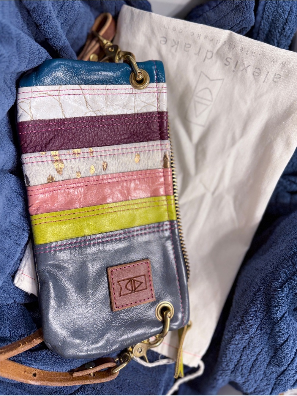 Alexis Drake Multicolor Leather Crossbody Wristlet - Blue, Pink, Lime, Purple